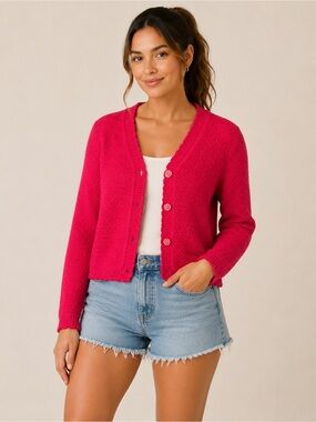 Virsa Bright Pink Textured Knit Button Front Cardigan Sweater Size Medium